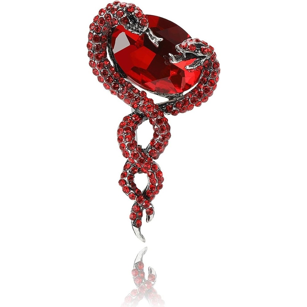 Twin Snake Heart Brooch Pendant Red Crystal Rhinestone Silver Tone Gothic Pin